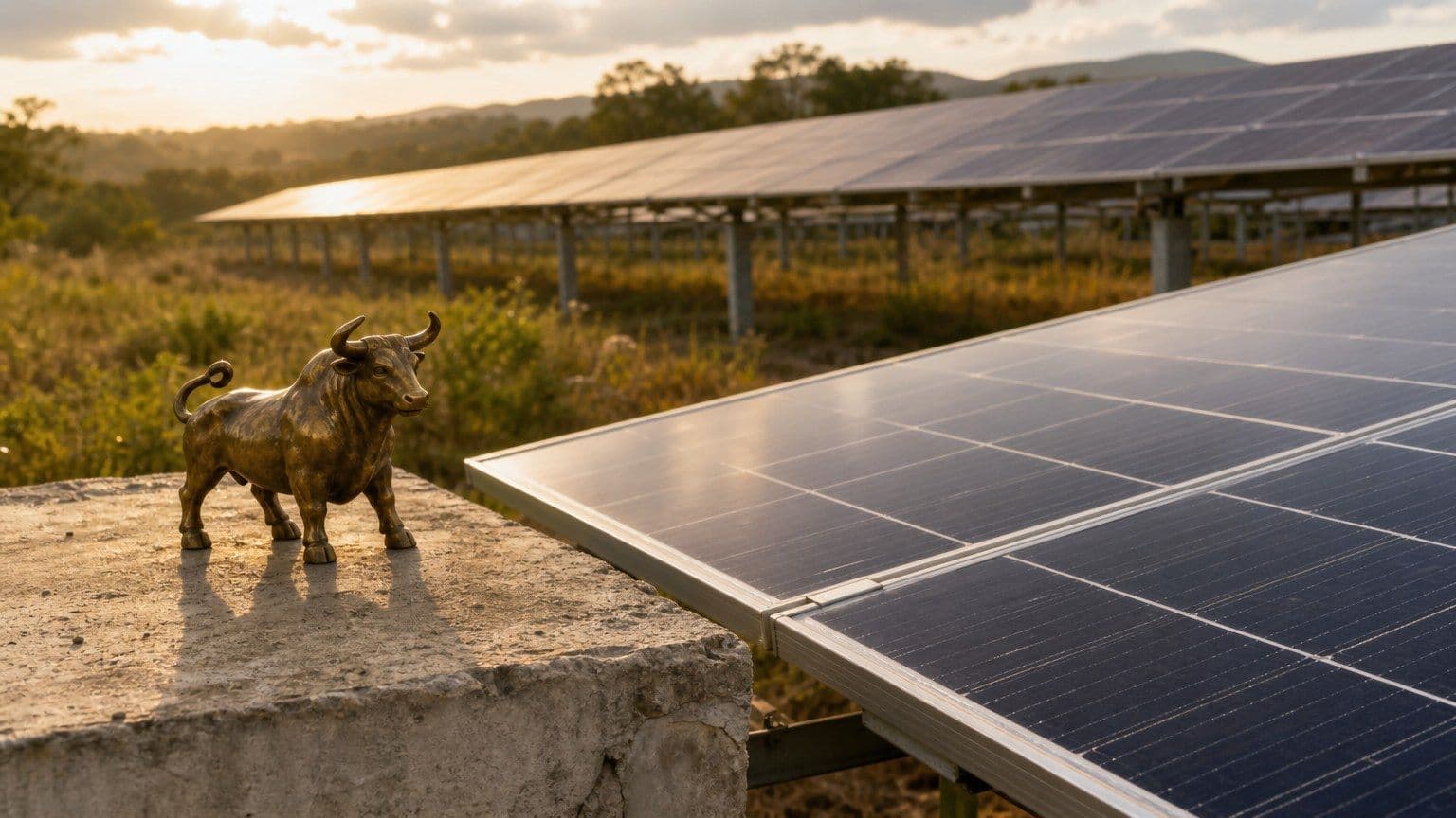 Solární panely v elektrárně s malou mosaznou soškou býka v popředí.