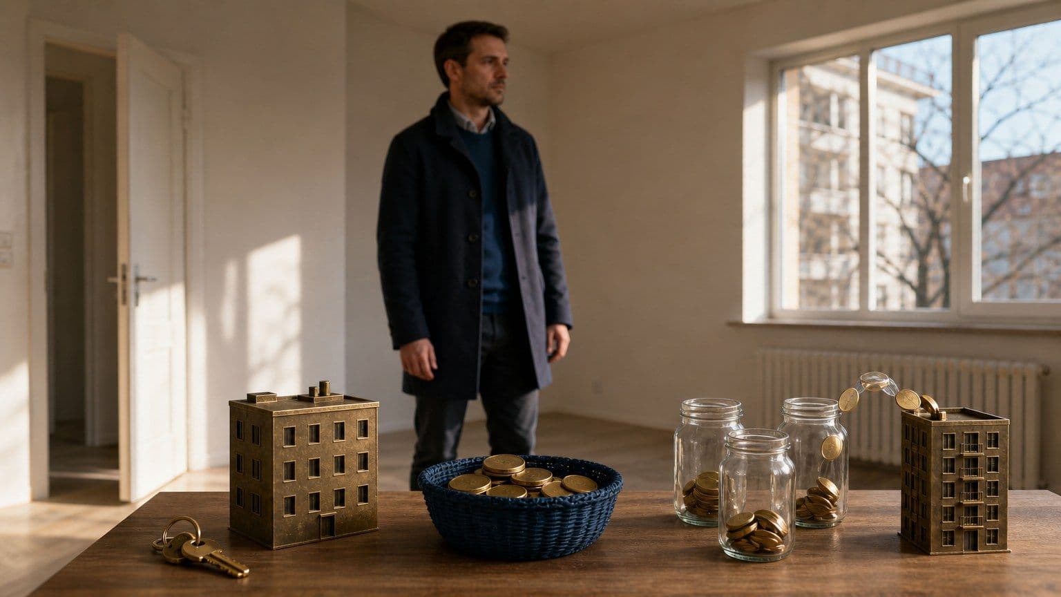 Investor stojí v prázdném bytě u stolu s klíčem, modely nemovitostí, fondovým košíkem, crowdfundingovými sklenicemi a mincemi.