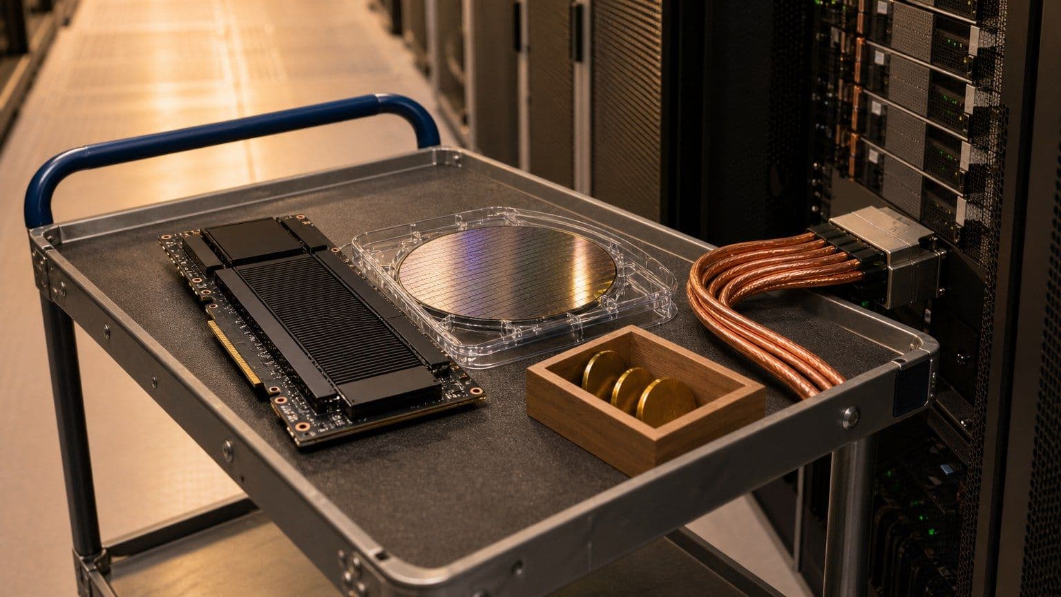 Čipová karta, křemíkový wafer a napájecí kabel v uličce datového centra jako symbol investování do AI infrastruktury.