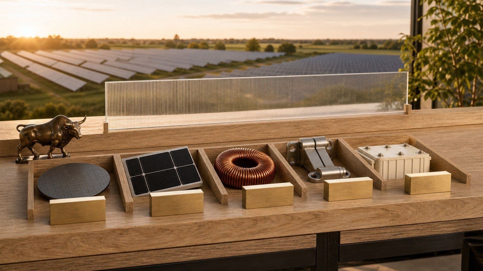 Investiční analytický stůl s pěti částmi solárního odvětví před fotovoltaickou elektrárnou.