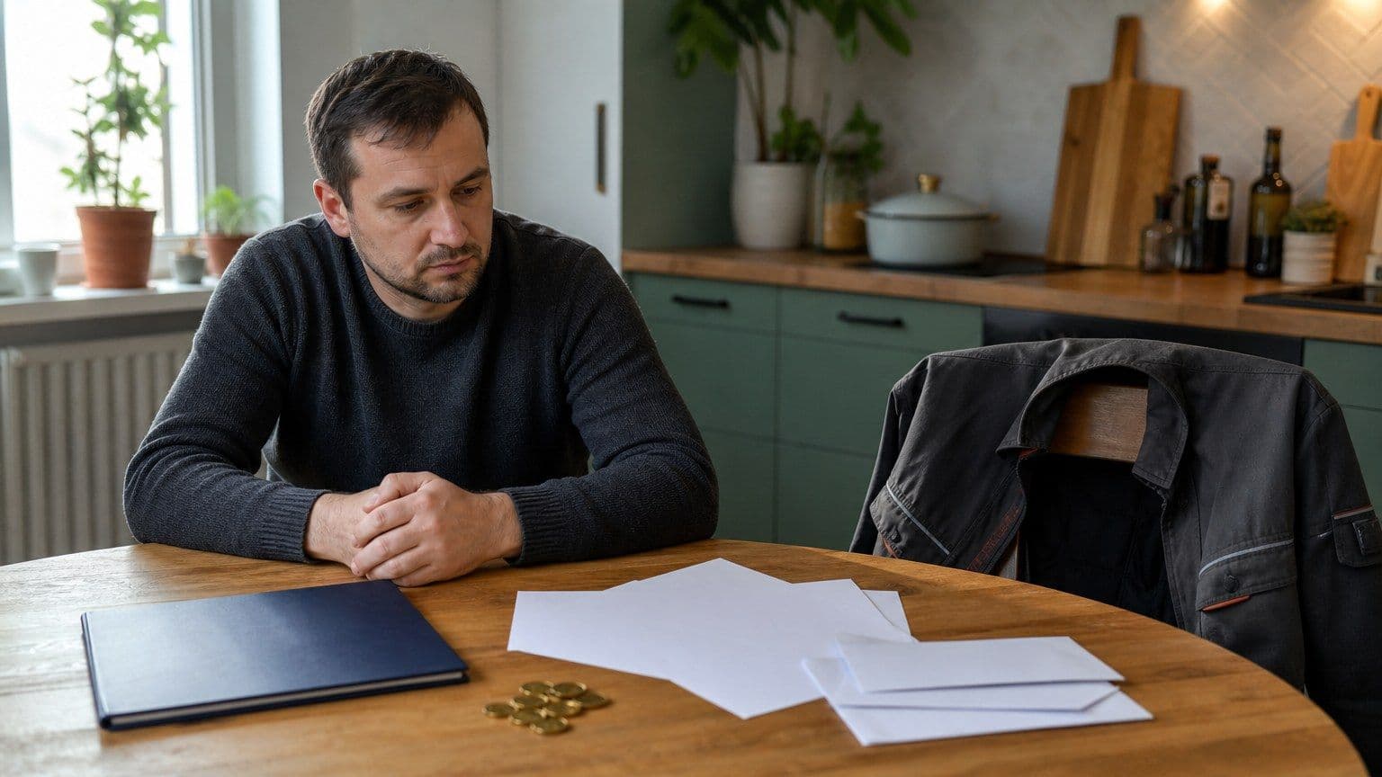 Zamyšlený muž u kuchyňského stolu nad prázdnými formuláři k žádosti o půjčku a malou hromádkou mincí.