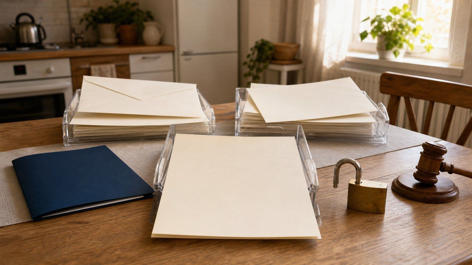 Blank official extract sheets in document trays with a padlock and court gavel, illustrating a Czech enforcement record check.